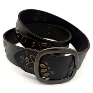 Fossil Leather Belt Small Blackened Espresso Floral Brass Stud Western Boho